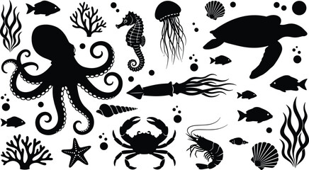 Collection of sea creature silhouettes including octopus turtle seahorse and crab isolated on white background for marine design © MdRasel