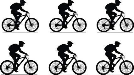 Obraz premium Set of mountain bike rider silhouettes wearing helmets and backpacks for cycling sports outdoor adventure and active lifestyle designs