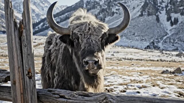 Large yak with horns standing behind wooden fence in snowy landscape