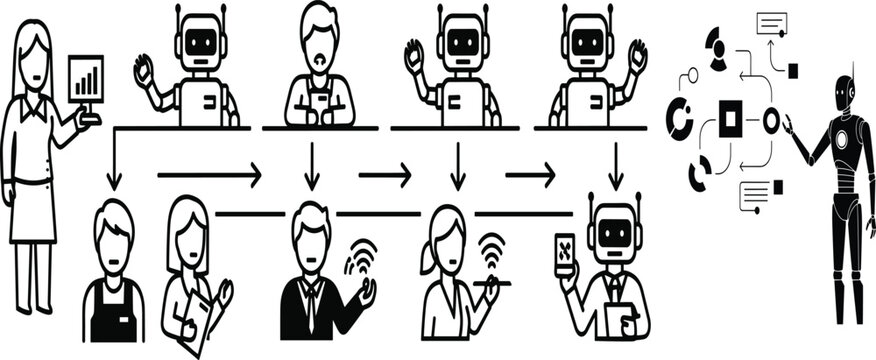 Illustrative diagram of robotic arm configurations and human robot interaction in a manufacturing setting