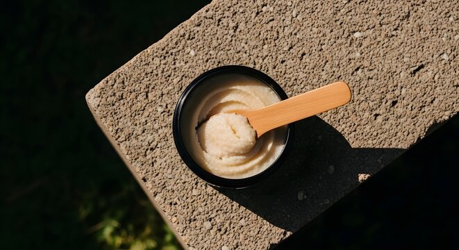 Creamy natural food spread on rough concrete surface