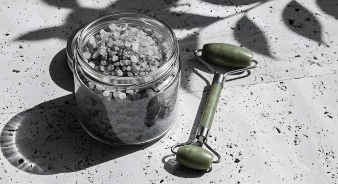 Coarse bath salts and loofah sponge on white background