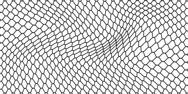 Fishing or soccer net. Repeated hexagon pattern. Black wired mesh texture isolated on white background.