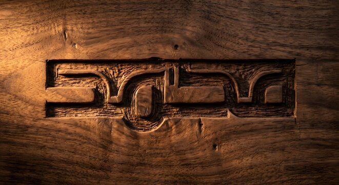 3D Wooden Carved Arabic Calligraphy of Prophet Muhammad Name in Square Kufic Script on Rough Texture Timber Background