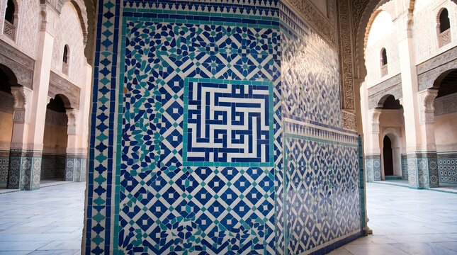 Traditional Moroccan Blue Geometric Tile Mosaic Wall with Square Kufic Prophet Muhammad Name Calligraphy