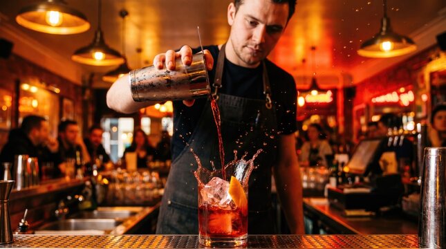 A young Caucasian man with short dark hair pours a cocktail into a glass at a lively bar. The background features warm lighting and patrons enjoying drinks.