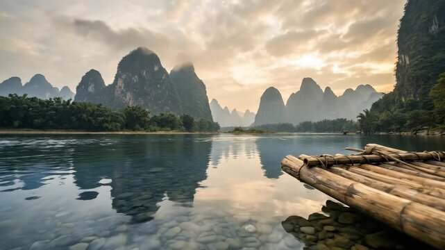 Traditional Bamboo Raft on Li River in Guilin Karst Mountains
