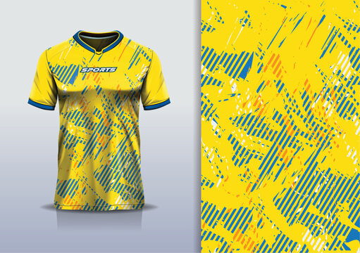 T-shirt mockup abstract stripe line grunge jersey design for football, soccer, racing, esports, running, in yellow blue color
