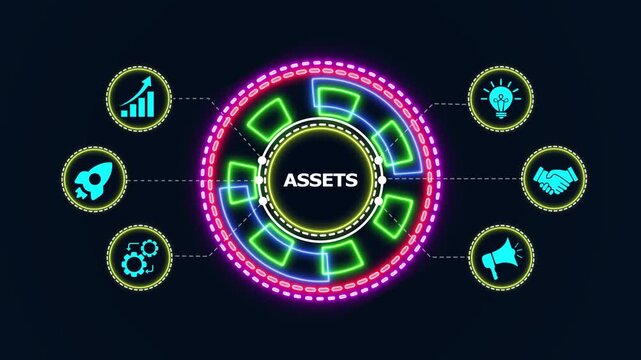 Assets word on a gear surrounded by business icons, representing a robust financial strategy and growth.