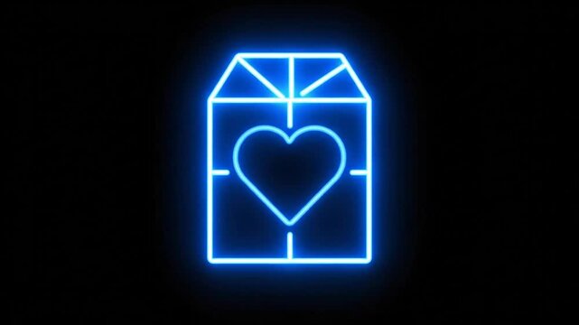 Blue neon glowing heart inside a stylized envelope with a dark background for design concepts
