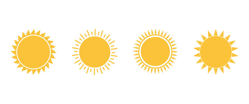 Sun icon set in yellow vector style featuring radiant rays and circular cores for EPS10. Weather, summer, and energy designs. EPS10.