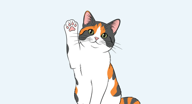 Adorable calico cat sitting and waving its paw with a friendly expression on a soft blue background in vector style.
