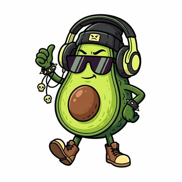 Cool Avocado Cartoon Character with Headphones and Sunglasses