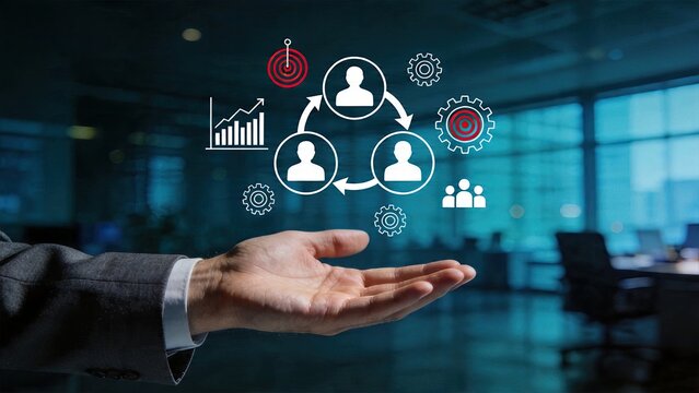 Business man holding teamwork concept collaboration in office management strategy corporate growth chart process gears target goals people icon network organizational structure