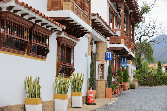 Villa de Leyva, Colombia - 03 February 2026. Beautiful colonial streets of the historical Villa de Leyva city located in the Department of Boyac&aacute; in Colombia