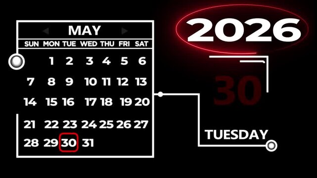 MAY 26 2026 tuesday Calendar Display date. A very important date in the calendar. Signing a day on a calendar on black background.