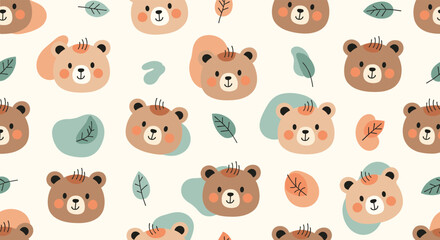 Fototapeta premium Sweet seamless pattern featuring cute teddy bear faces and colorful autumn leaves and shapes on a cream background.