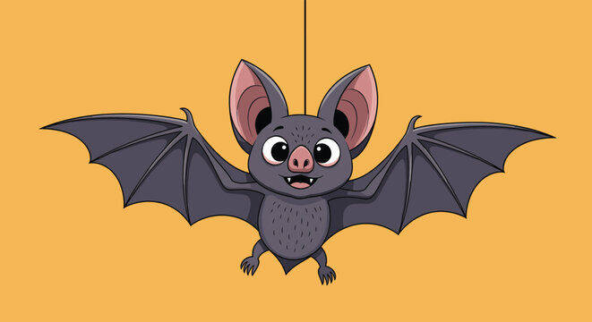 Cute cartoon bat with large ears and wide open wings flying on a solid orange background in a playful vector style.