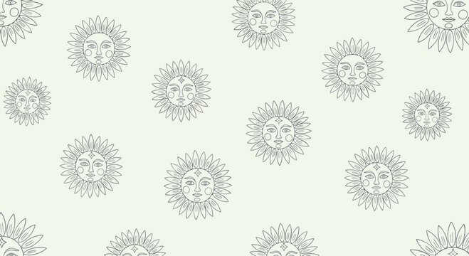 Ethereal seamless pattern of mystical suns with human faces and long rays on a pale green background in line art style.