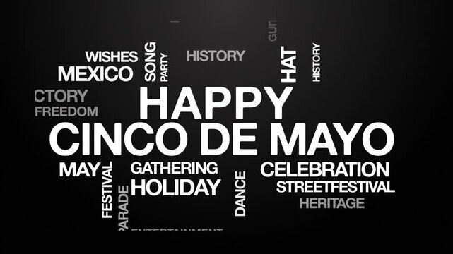 happy Cinco de Mayo concept Animated Tag Word Cloud kinetic typography, Text Design Animation typography seamless loop video motion graphics Intro Wordart tagcloud white type on black background bg ba
