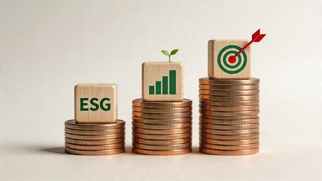 ESG investing concept wooden cube with ESG text on gold coins green plant growing from block bar chart icon target arrow hitting bullseye corporate social responsibility