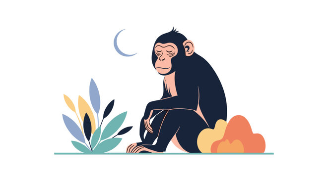 Peaceful illustration of a chimpanzee sleeping while sitting under a crescent moon with colorful foliage nearby.