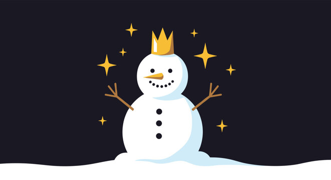 Magic snowman wearing a gold crown surrounded by shining stars on a dark night background for winter celebrations.