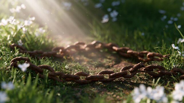 Breaking Chains in a Serene Garden: A symbolic image of rusted chain lies broken on the ground, bathed in divine sunlight, suggesting freedom and liberation in the midst of a blooming garden.