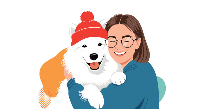 Smiling young woman with glasses hugging a large fluffy white dog like a samoyed in a warm and cozy illustration.