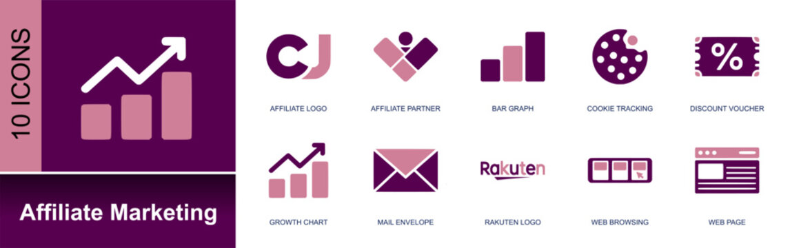 Affiliate marketing icon set. Containing affiliate logo, partner, bar graph, cookie tracking, voucher, growth chart, mail, web browsing, web page and more. Solid fill vector icons.
