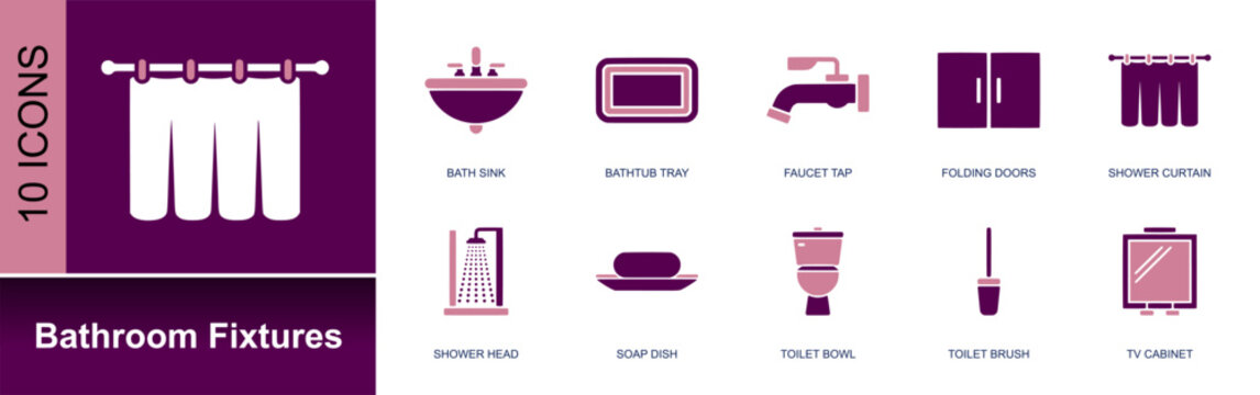 Bathroom fixtures icon set. Containing bath sink, bathtub tray, faucet tap, doors, shower curtain, shower head, soap dish, toilet bowl, toilet brush and more. Solid fill vector icons.