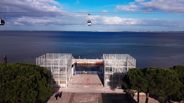 Aerial view of Lisbon cable car over Tagus River and Parque das Nacoes waterfront