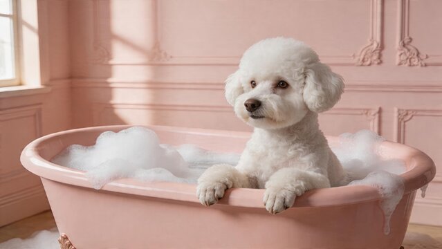 Adorable white Bichon Frise dog sitting inside a vintage pink bathtub filled with soap bubbles looking curious and cute bath time for pet care