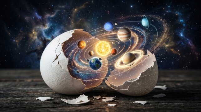 Exploding egg revealing solar system, creation and birth of universe, cosmic explosion, nebulae and stars background, abstract concept