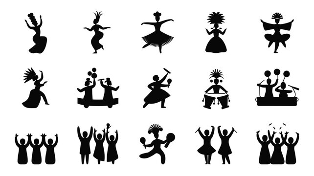 Set of 15 Black Afro-Brazilian Culture Celebration Silhouettes Vector Icons