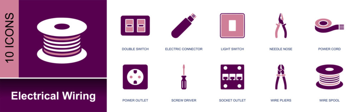 Electrical wiring icon set. Containing double switch, connector, light switch, needle nose, power cord, power outlet, screwdriver, socket outlet, pliers and more. Solid fill vector icons.