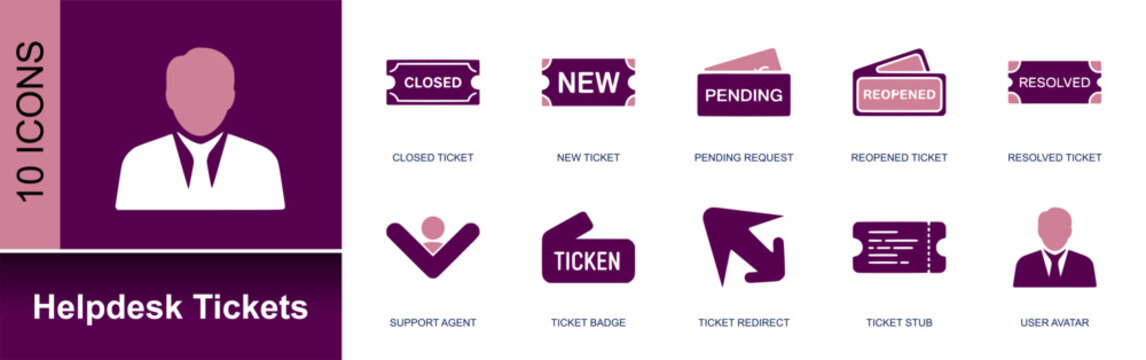 Helpdesk tickets icon set. Containing closed ticket, new ticket, pending request, reopened ticket, resolved ticket, support agent, ticket stub, redirect and more. Solid fill vector icons.