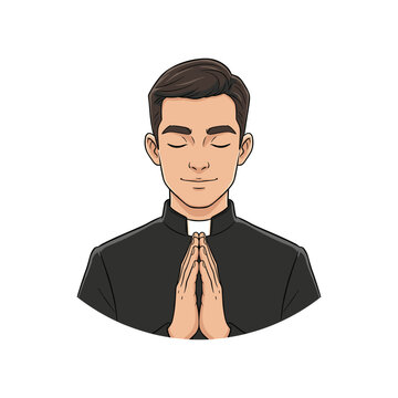 Young priest with short brown hair praying with hands together