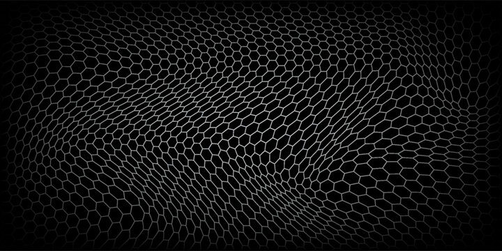 Fishing or soccer net. Repeated hexagon pattern. Black wired mesh texture isolated on white background.