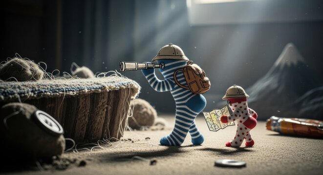 Sock puppet explorers adventuring through dust bunnies under furniture