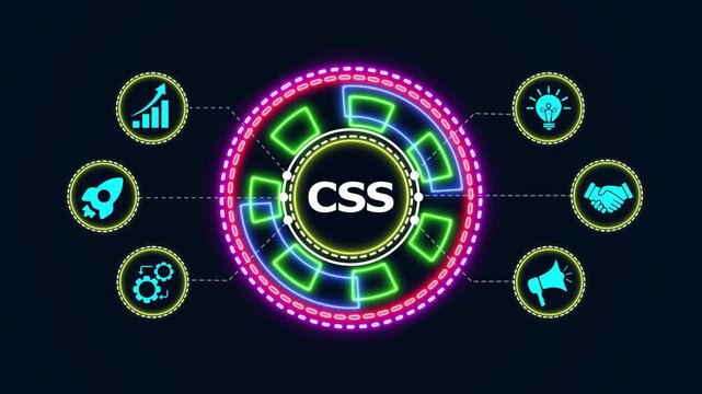 Abstract animation of css text with a futuristic hud, seamlessly looping motion graphics with technology icons.