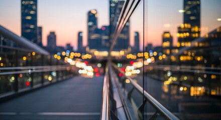 Fototapeta premium Cityscape view from a pedestrian walkway at dusk blurred motion of traffic