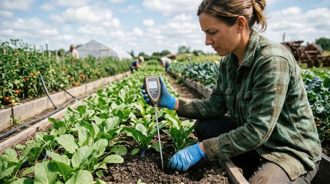 Woman farmer testing soil quality with digital pH meter in organic vegetable garden. Smart agriculture technology for crop monitoring and sustainable farming practice on rural farm.