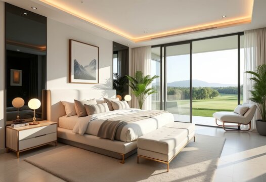 spacious bedroom with a view of the golf course