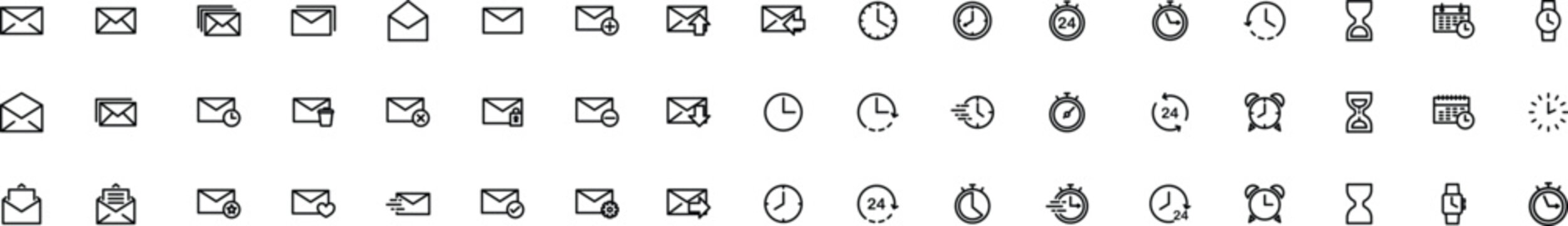 Email communication and time management outline icons collection for corporate web.