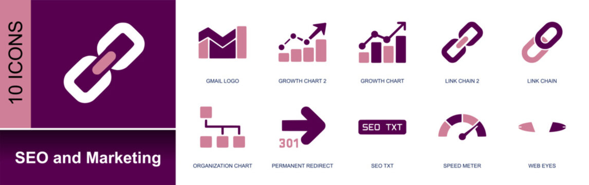 SEO and marketing icon set. Containing mail logo, growth chart, link chain, organization chart, redirect arrow, SEO TXT, speed meter, web eyes, analytics and more. Solid fill vector icons.