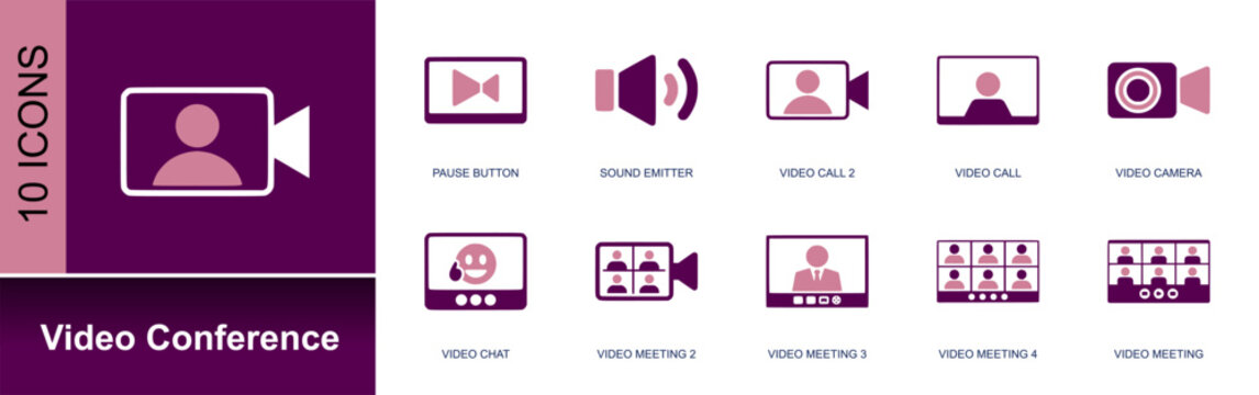 Video conference icon set. Containing pause button, sound emitter, video call, video camera, video chat, video meeting, group call, webcam, speaker and more. Solid fill vector icons.