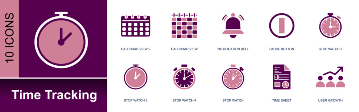 Time tracking icon set. Containing calendar view, notification bell, pause button, stopwatch, time sheet, user growth, timer, schedule, productivity report and more. Solid fill vector icons.