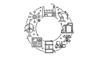 Industrial outline icons in circular layout with manufacturing energy and engineering symbols for infographic and digital interface © Ashik 