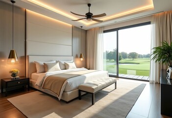 Fototapeta premium spacious bedroom with a view of the golf course